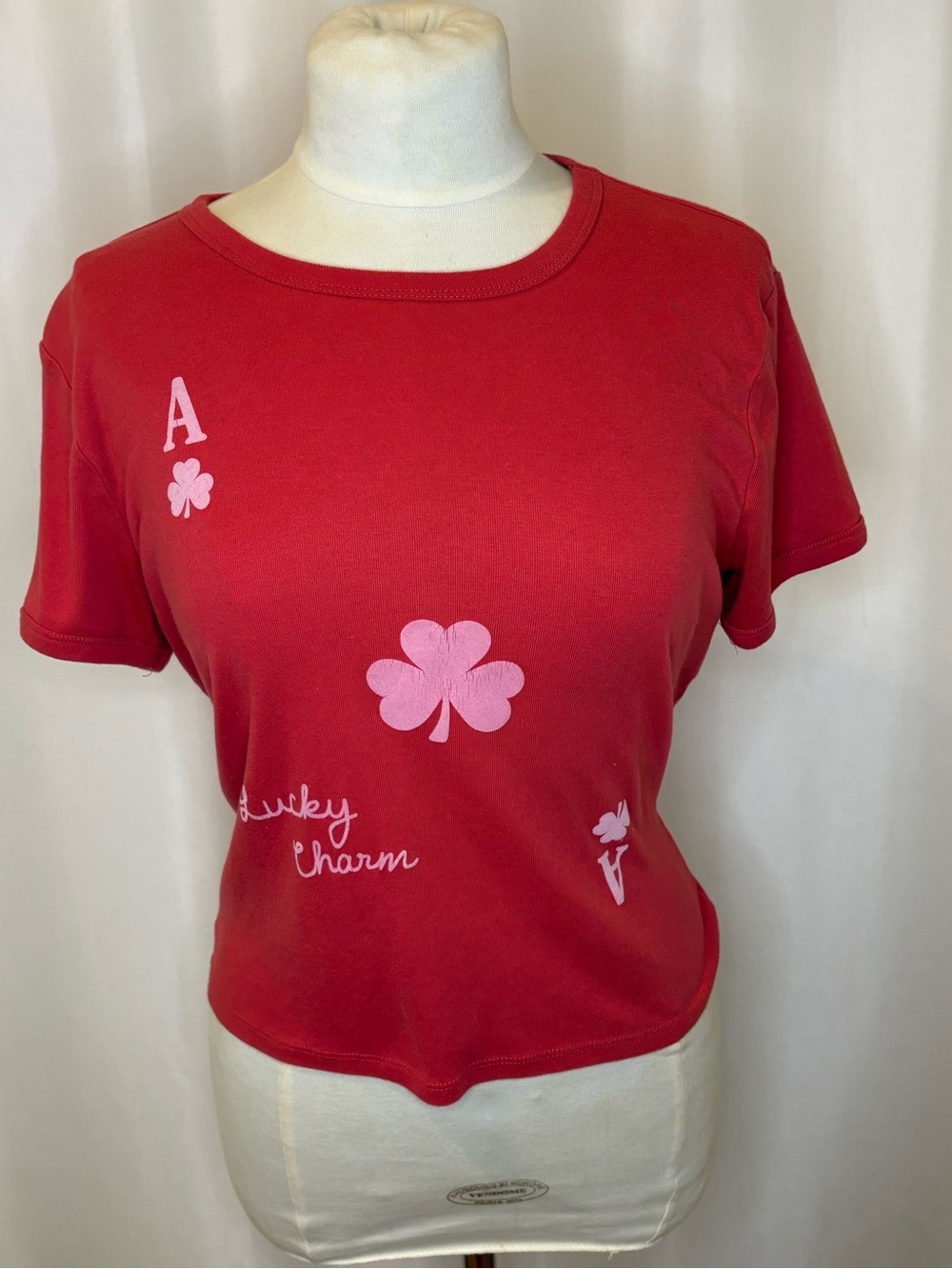 Red Short-Sleeve Graphic Tee with Pink Clover Motif